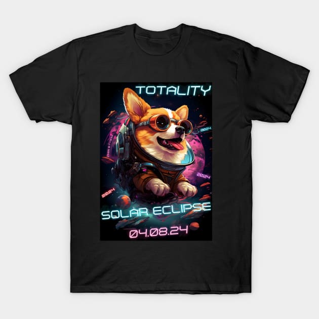 Totality Solar Eclipse 04.08.24 Corgi Sunglasses Cyberpunk T-Shirt by Ai Wanderer